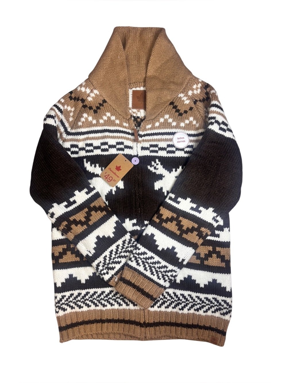 Canadiana Women M Brown & Black Zip-Front Fair Isle Sweater Jacket